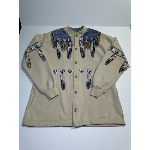 Art Unlimited Men’s Vintage Cardigan Native Feather Print Beige Button Up L - Picture 1 of 5